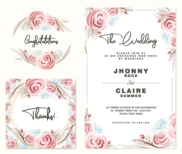 Watercolor Roses Wedding Invitation Card & Frame