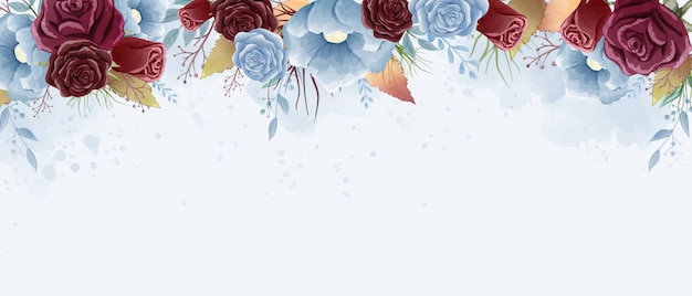 Watercolor roses and wild leaves painting. Burgundy and dust blue color theme.