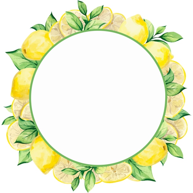 Watercolor round frame with lemons and leaves