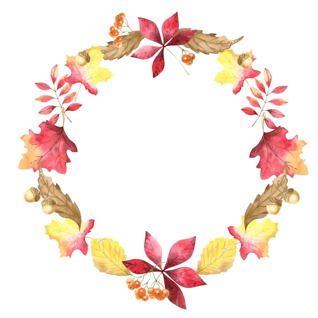 Watercolor round wreath with autumn leaves Bright and colorfulx9