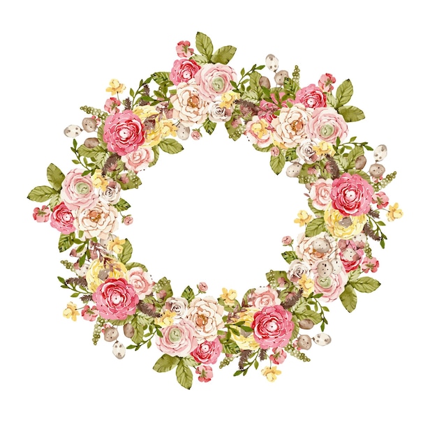 Watercolor round wreath with beige and red flowers