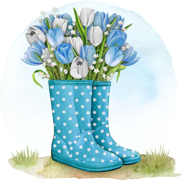 watercolor rubber boots with floral bouquet