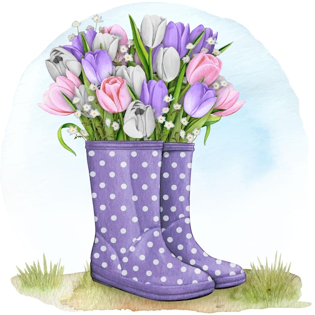 watercolor rubber boots with floral bouquet