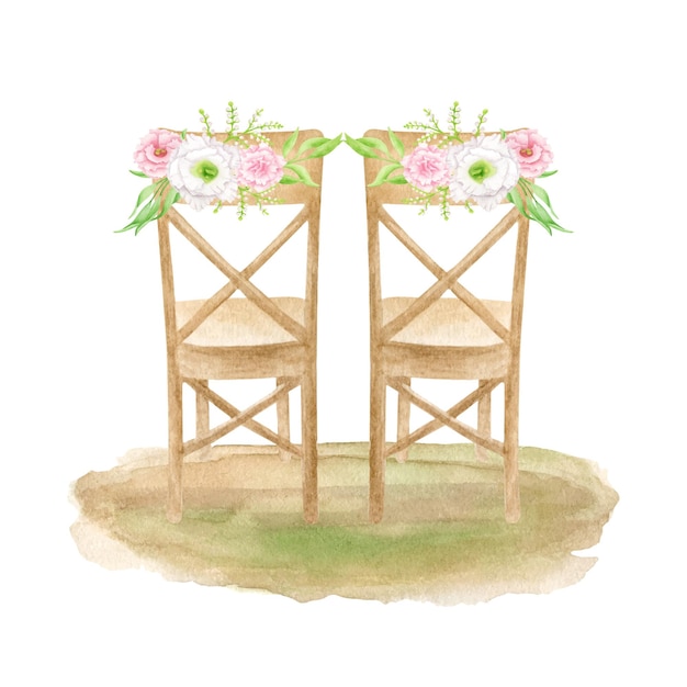 Watercolor rustic wedding illustration with wood chairs for bride and groom