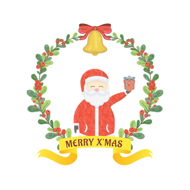 Watercolor santa bring gifts with bell and merry christmas decoration