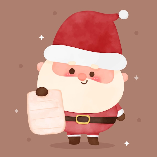 Watercolor Santa christmas note kawaii cartoon