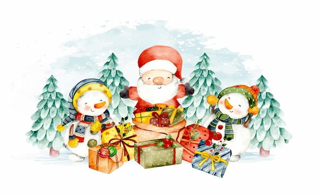 Watercolor Santa Claus with Christmas snowman