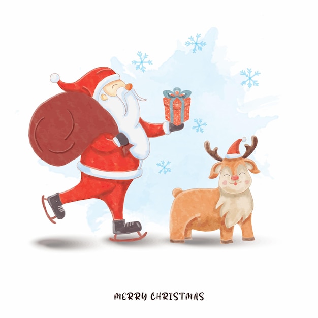 Watercolor santa with bring gifts and cute deer