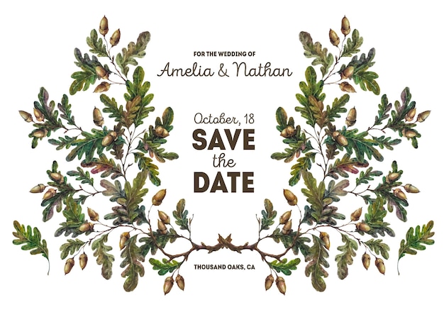 Watercolor save the date card made of oak tree branches leaves and acorns flat lay style