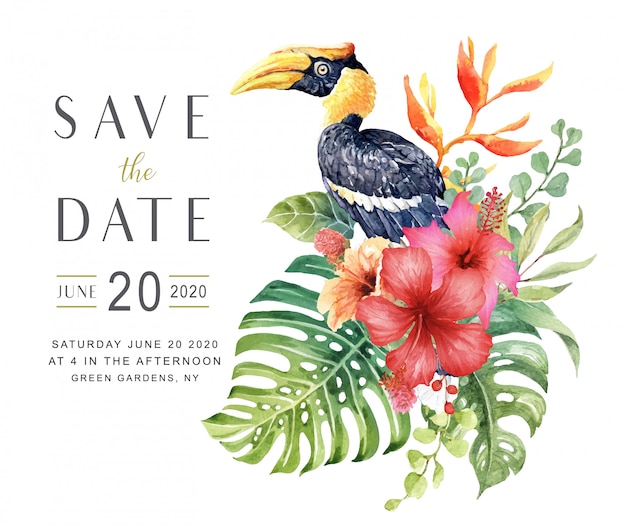 Watercolor save the date card with Great hornbill bird.