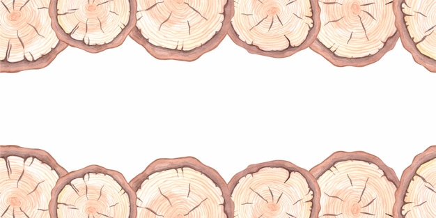 Watercolor saw cut tree border. Seamless wood pattern. Slices and stumps isolated on a white backgro