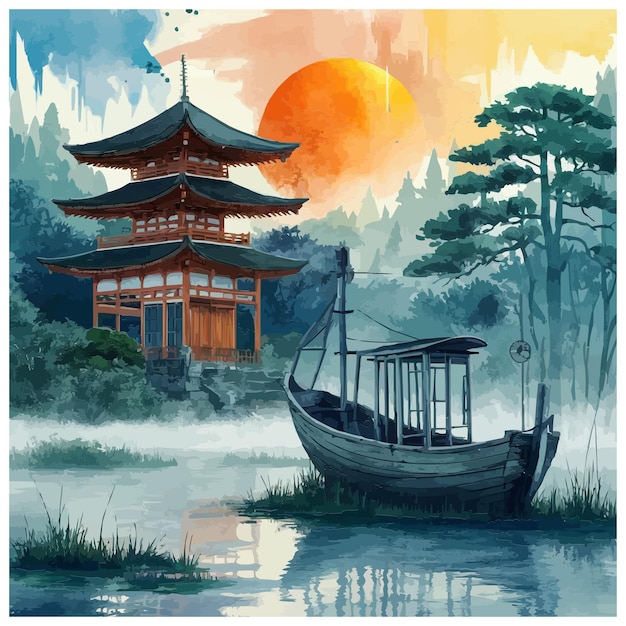 Vector the watercolor scene with a misty swamp orange moon temples and a fishing boat in calm illustration