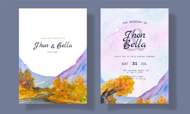 watercolor scenery wedding invitation mountain background