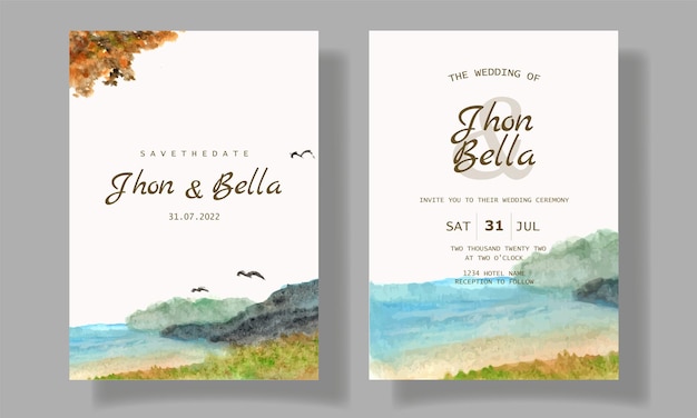 watercolor scenery wedding invitation sea view background