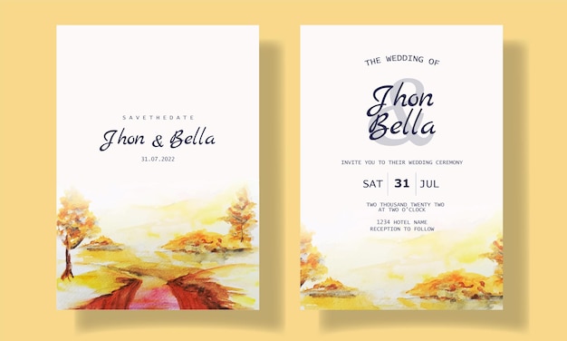 watercolor scenery wedding invitation sunset background