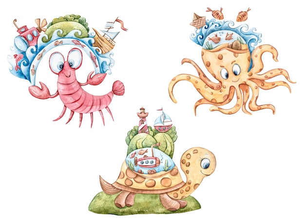 Watercolor sea animal clipart set turtle octopus crab Cute cartoon character illustrations