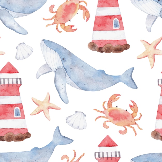 Watercolor sea pattern with whale, lighthouse, crab, starfish and seashell