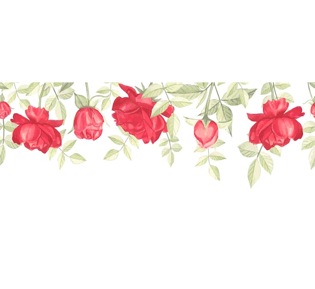 Watercolor seamless border  illustration with light red roses green leaves for wedding stationery greetings postcards