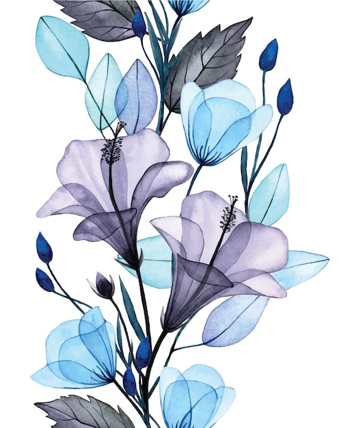 watercolor seamless border with transparent hibiscus flowers. delicate print with gray and blue