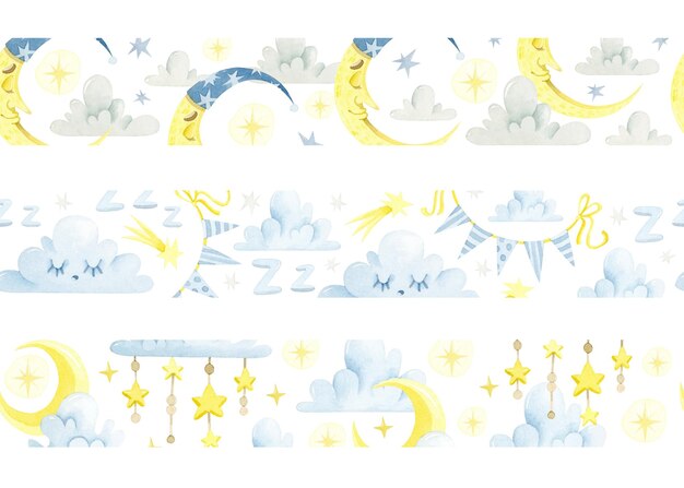 Watercolor seamless borders set with yellow crescent clouds garlands and stars