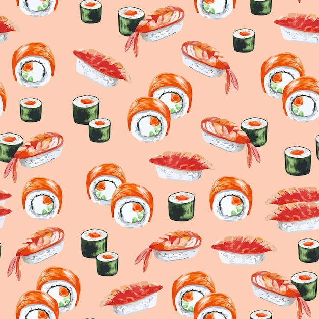 Watercolor seamless pattern asian food sushi aesthetic for decor, textile, menu peach background