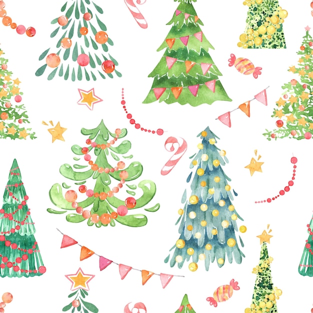 Watercolor seamless pattern of christmas trees Hand drawn design of conifer for new year holidays