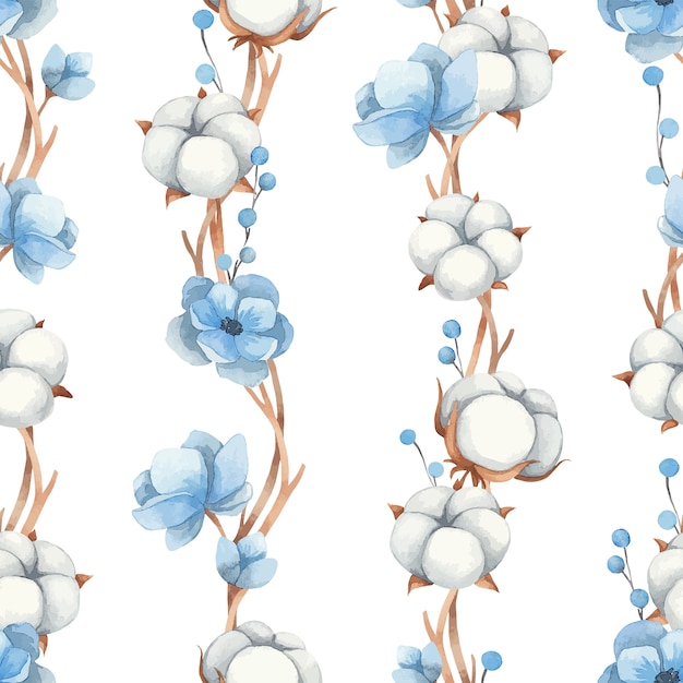 Watercolor seamless pattern of cotton flowers, blue anemone flowers and twigs, isolated on a white background