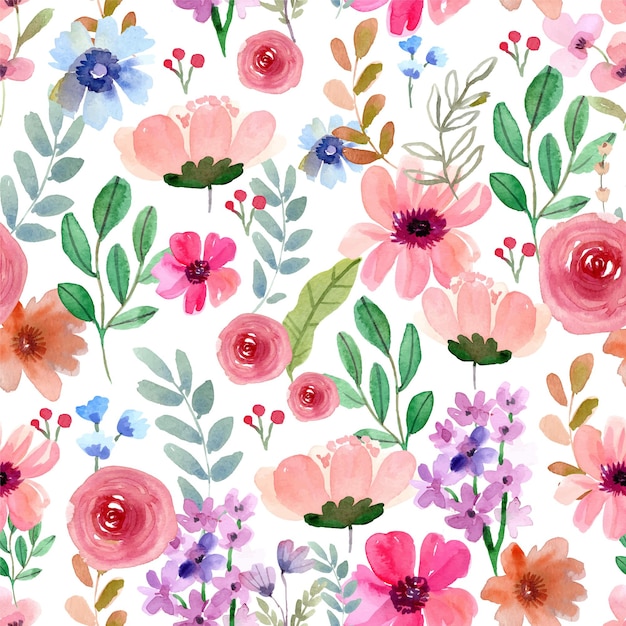 Watercolor Seamless Pattern of Pink Flowers for Spring