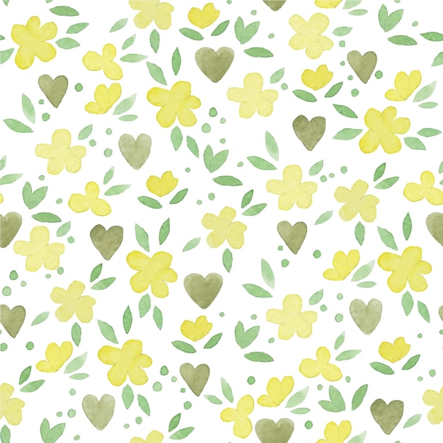 watercolor seamless pattern, print cute yellow flowers and hearts. digital paper, scrapbooking. cute