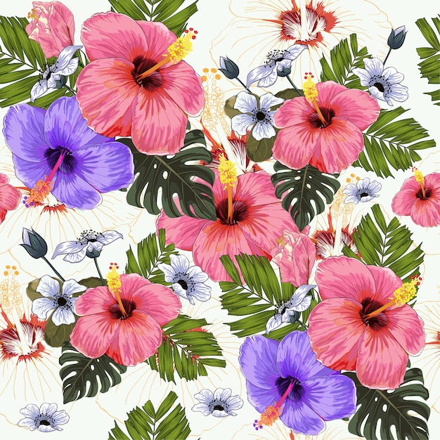 Watercolor Seamless pattern tropical flowers.