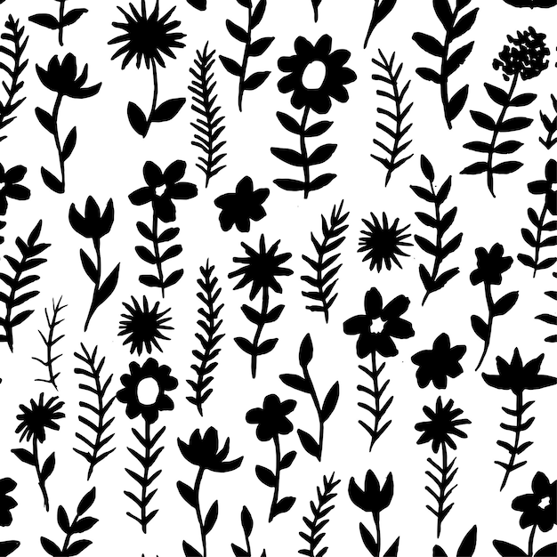 watercolor seamless pattern with abstract flowers in doodle style, blot. black and white graphic