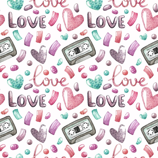 Watercolor seamless pattern with audio cassette tapes