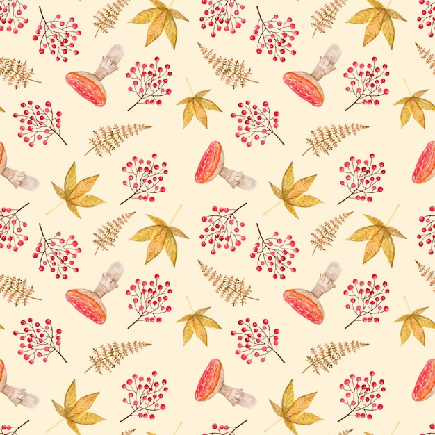 Watercolor seamless pattern with autumn leaves and mushroom