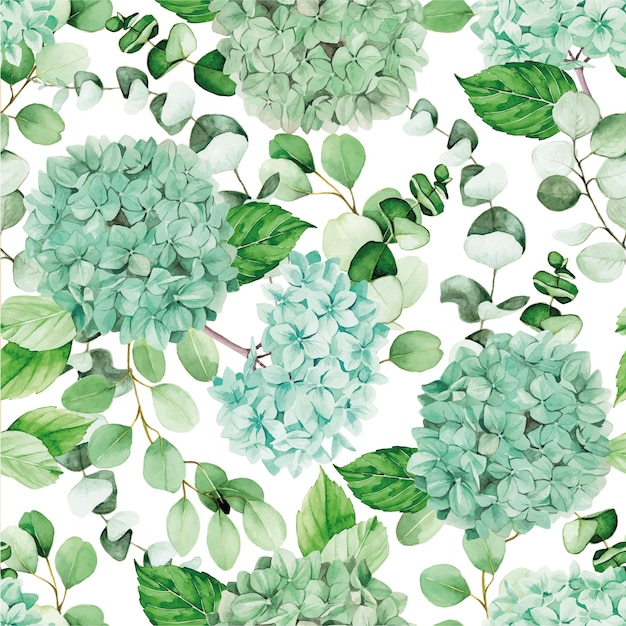 watercolor seamless pattern with blue hydrangea flowers and eucalyptus branches and leaves