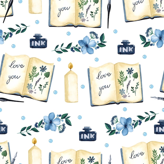 watercolor seamless pattern with books and flowers