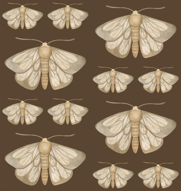 WATERCOLOR SEAMLESS PATTERN WITH BROWN MOTHS ON A BROWN BACKGROUND IN VECTOR