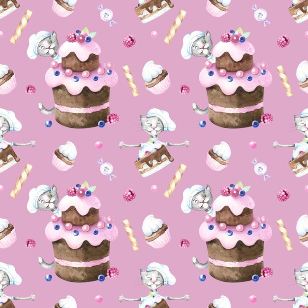 Watercolor seamless pattern with cat character and sweets