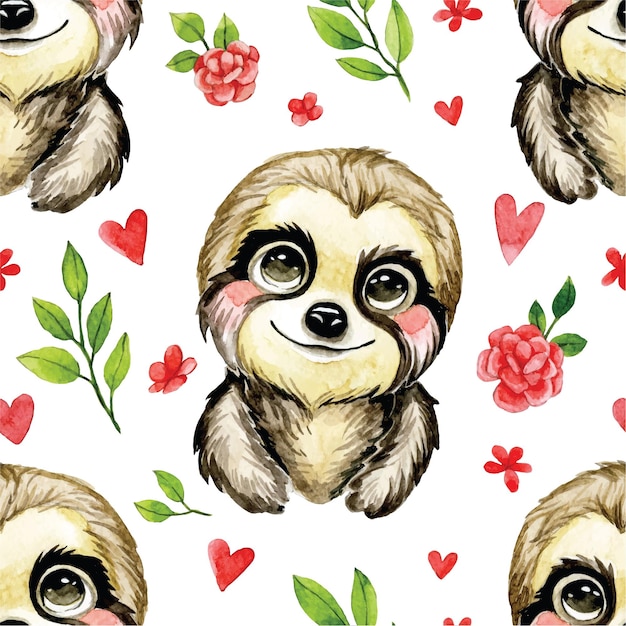 watercolor seamless pattern with cute baby tropical animals sloth