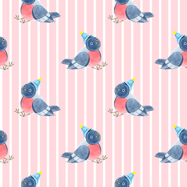 Watercolor seamless pattern with cute bullfinches in knitted hats Cozy autumn new year Merry Christmas Holiday illustration It can be used in the design of winter holidays and children's design