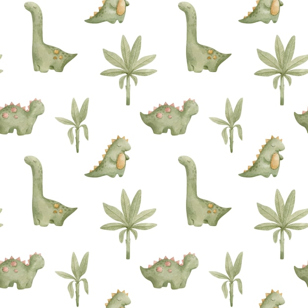 Watercolor seamless pattern with cute dinosaurs and palm trees