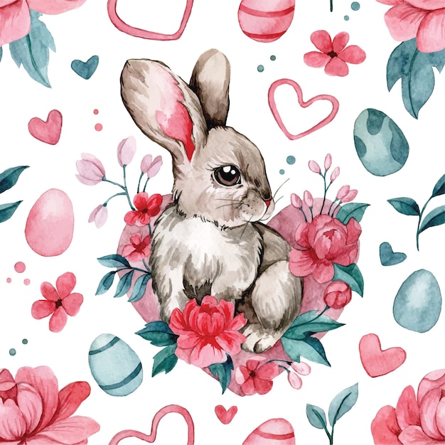 watercolor seamless pattern with Easter bunny eggs and flowers delicate print