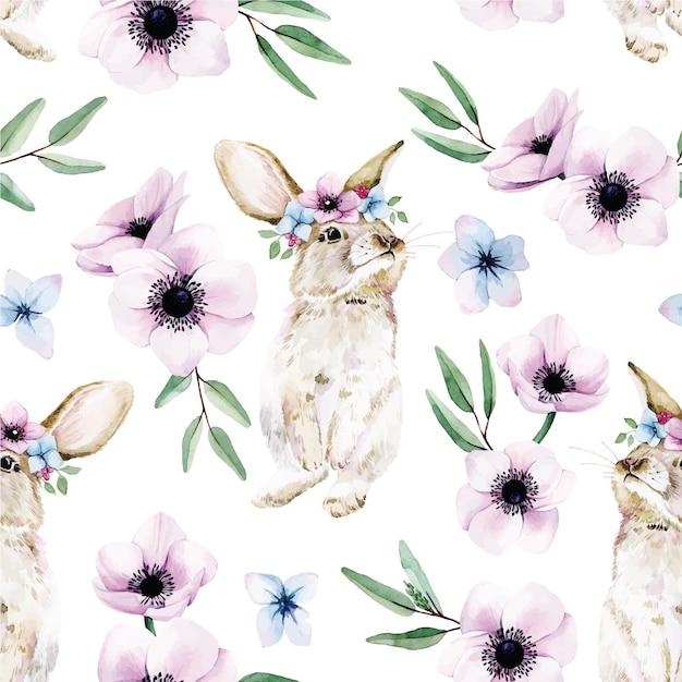 watercolor seamless pattern with Easter bunny and pink flowers delicate print for easter isolated