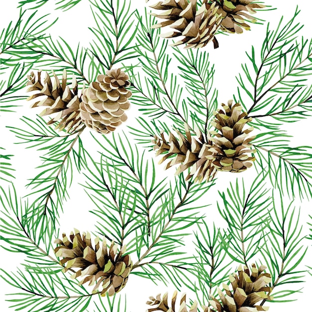 watercolor seamless pattern with fir branches and cones Christmas trees isolated on white