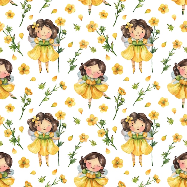 Watercolor seamless pattern with garden fairies and yellow buttercups flowers Floral pattern