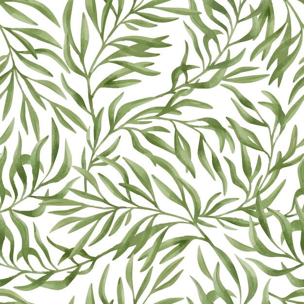 Watercolor seamless pattern with green summer leaves branches