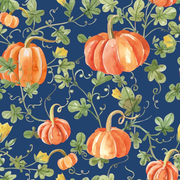 Watercolor seamless pattern with orange pumpkins on a dark green background Farm vegetable