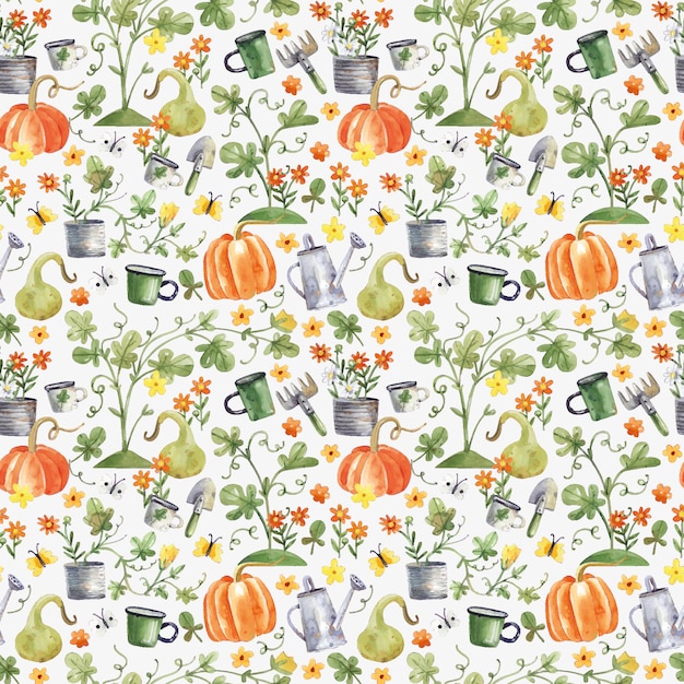 Watercolor seamless pattern with orange pumpkins garden tools leaves and flowers in cartoon style