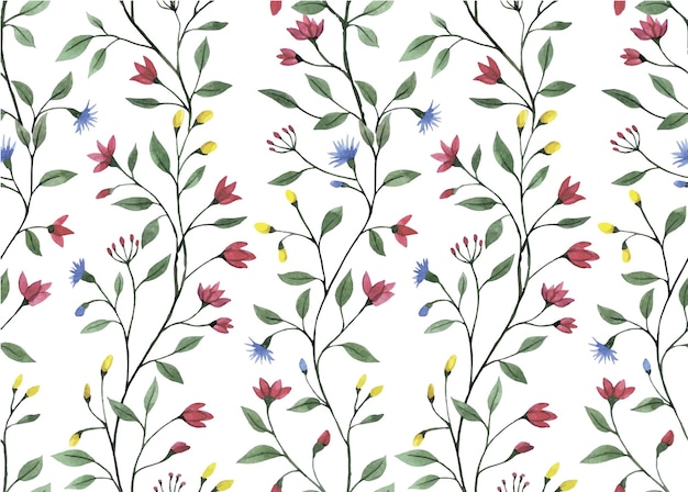 Vector watercolor seamless pattern with ornament of flowers and leaves wild flowers chalk drawing