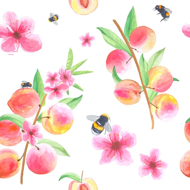 Watercolor seamless pattern with peaches Hand drawn watercolor