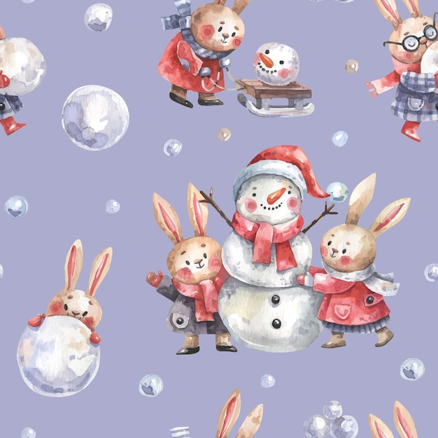 Watercolor, seamless pattern with snowmen, rabbits making snowmen, snowballs in cartoon style.